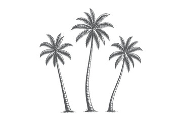 Obraz premium Tropical Palm Trees Vector Illustration in Vintage Engraving Style Featuring Three Elegant Palm Fronds for Summer Vacation and Exotic Nature Design Projects