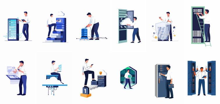 Flat vector illustrations set of IT professionals managing server racks, data centers, cloud storage, network security, and database administration.