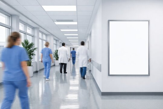 Blank hospital corridor wall poster mockup scene. "" Ai generative