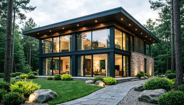 Architectural rendering of a sleek modern villa with floor-to-ceiling glass and stone cladding, nestled along a flagstone path in a lush, serene forest. Generative AI