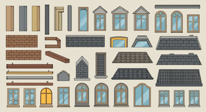 Vintage architectural house construction kit, collection of classic window frames and roof tiles, flat vector building elements for exterior design