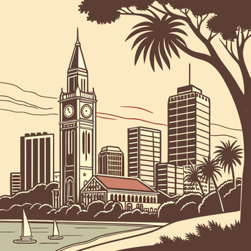 Perth Skyline Silhouette | Bell Tower & Swan River Vector Wall Art