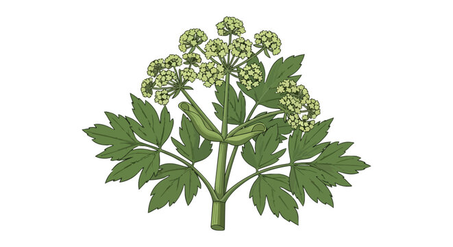 Detailed botanical illustration of a flowering angelica plant herb with green leaves and umbel flower heads on white background