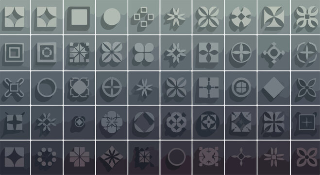 Minimalist geometric icons set, 50 abstract grey vector symbols with long shadows, modern UI design elements for branding and web interfaces