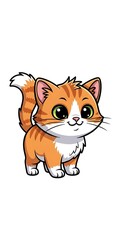Fototapeta premium A cartoon image of a cute, orange and white tabby kitten standing upright with big, round eyes and a fluffy tail