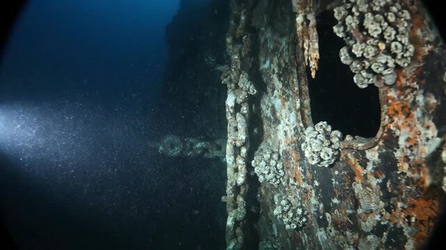 Deep sea spotlight reveals the rusting hull and anchor chain of a sunken shipwreck