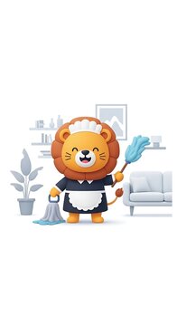 A cartoon lion wearing a maid's uniform, smiling, holding a mop and duster. It's in a stylized, minimalist interior setting