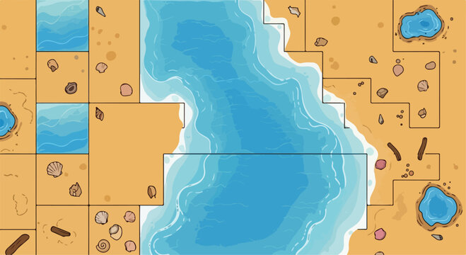 Top down beach game map tiles, tropical island coast level design vector, sandy shoreline with ocean waves and seashells for gaming background