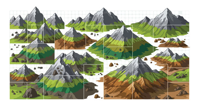 Isometric mountain vector set, stylized landscape peaks with green grass and grey rocks, nature environment elements for game design and maps