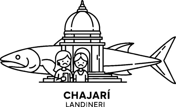 Chajari City Landmark with Fish and Sad Figures Line Art