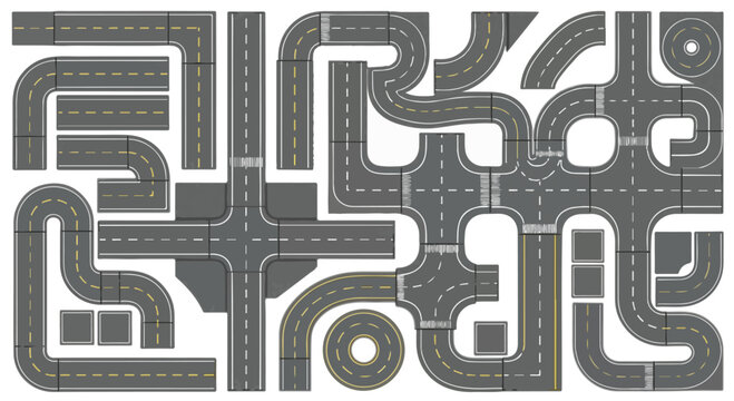 Asphalt road constructor set with modular highway segments, top view street map elements, urban traffic infrastructure vector kit for city planning