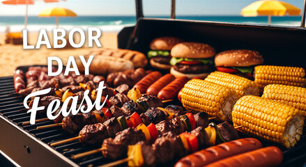 Delicious labor day feast with grilled meat skewers corn and burgers on beach barbecue setup