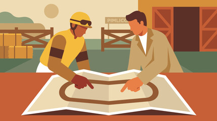 Fototapeta premium Jockey and Trainer Planning Race Track Strategy Vector Illustration