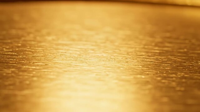 Abstract brushed gold metallic texture background with shallow depth of field and warm light reflection.