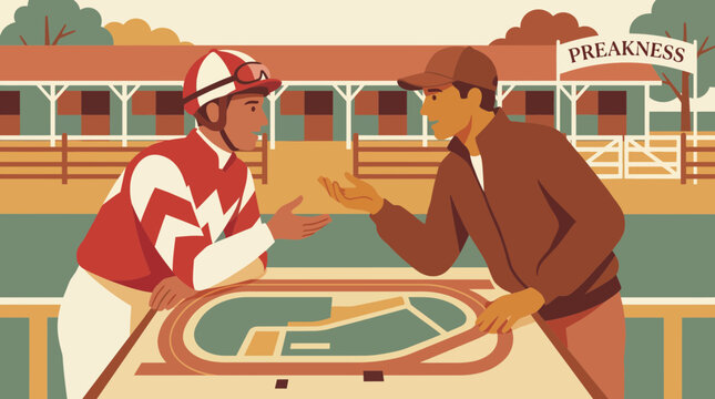 Jockey and trainer discussing race strategy over a track map