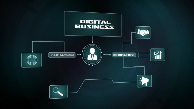 Digital business and marketing analytics dashboard, futuristic HUD interface for corporate strategy, global networking and strategic partnership visualization concept.
