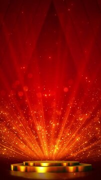 Golden red podium backdrop dramatic light burst, glitter particles, warm glow, premium celebration style. award ceremonies, concert titles, luxury reveals, performance promos, and event screens.