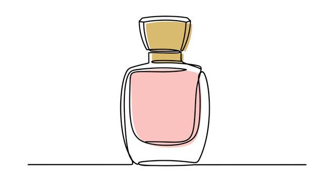 Elegant perfume bottle with pink liquid, minimalist single line art