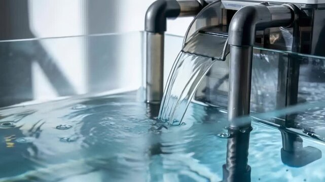 Activating filter, spout and pipes pouring into clear tank on bench, forming ripples for cleaning