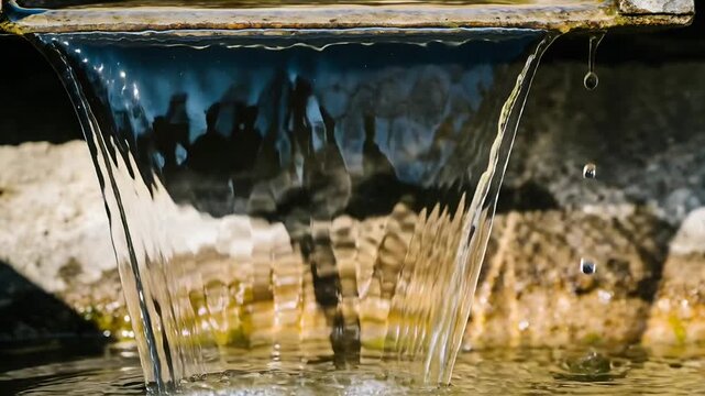 Sunlight hitting water sheet flowing from spout into basin, sending droplets and ripples