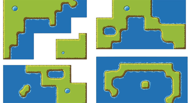 Retro pixel art game map tiles, 8-bit style world building assets, green grass and blue water terrain elements for video game design