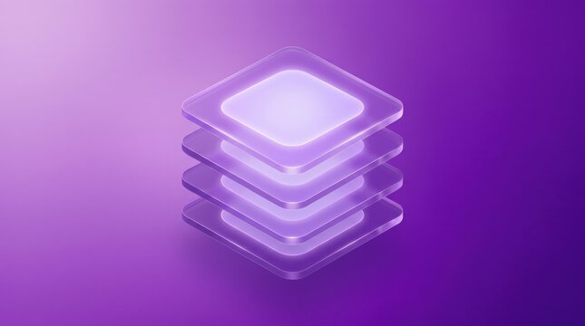 Abstract 3d illustration of a stack of glowing purple glass squares, representing data layers, cloud computing, or digital information storage, isolated on a gradient purple background