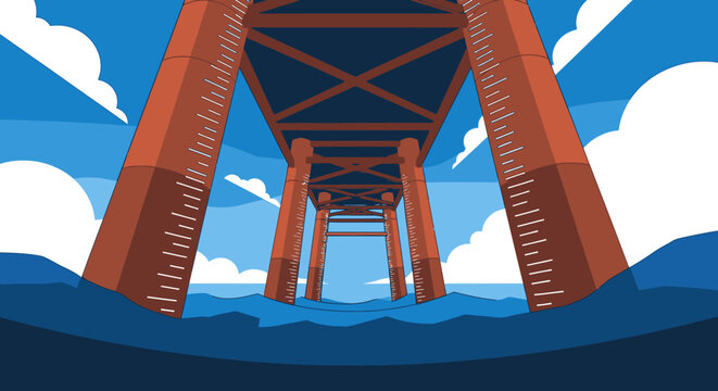 Cartoon view of a large structure spanning water with blue sky above