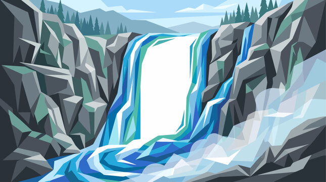 A vibrant, stylized illustration of a powerful waterfall cascading down jagged, geometric rocks into a flowing river, with distant mountains and trees under a clear sky.