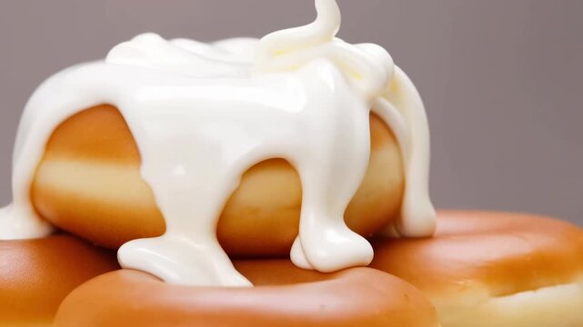 Studio Shot Showcasing Creamy Icing Flowing. Golden Donuts With Shiny Glaze Cascading In Slow Motion