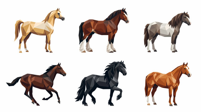 Six geometric low-poly horses of various breeds and colors standing and trotting on a white background.