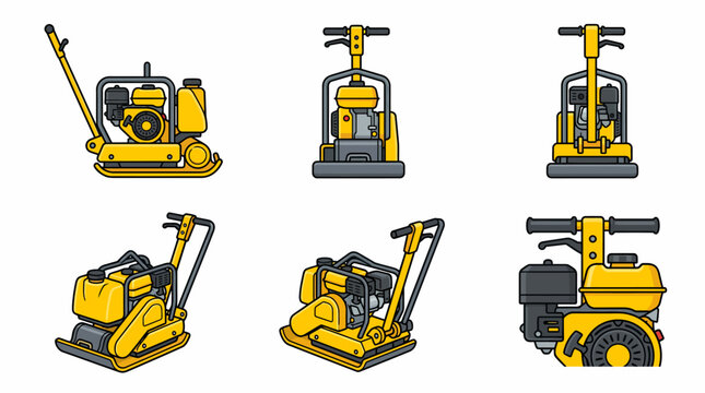 A collection of six yellow vibratory plate compactors and rammers, essential construction equipment for soil and asphalt compaction, displayed from multiple perspectives.