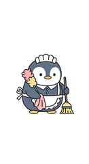 Fototapeta premium A cartoon penguin, dressed in a maid outfit, holds a feather duster and a broom. The image is on a white background
