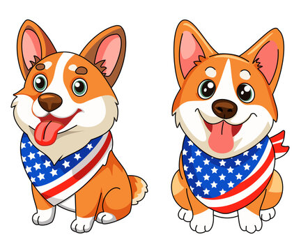 Set of cute corgi illustrations wearing US flag bandanas, smiling and sitting on white background. Perfect for stickers, posters, and patriotic kids' themes.