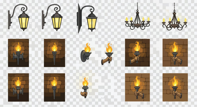 Medieval torch and lantern collection, vintage iron wall lamps and chandeliers, 15 game asset icons for dungeon and castle lighting