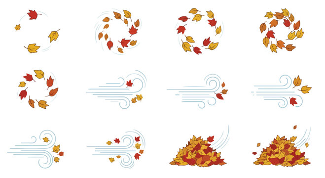 Autumn leaves blowing in wind vector set, falling maple leaf icons in red and orange, 12 seasonal weather elements for fall design