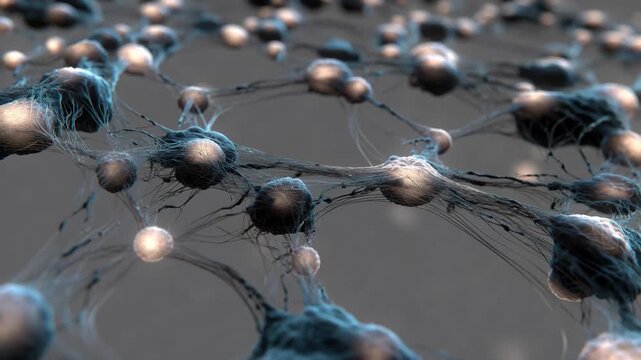 Interconnected spheres linked by fine filaments in digital style on soft gray background, concept of neural connectivity