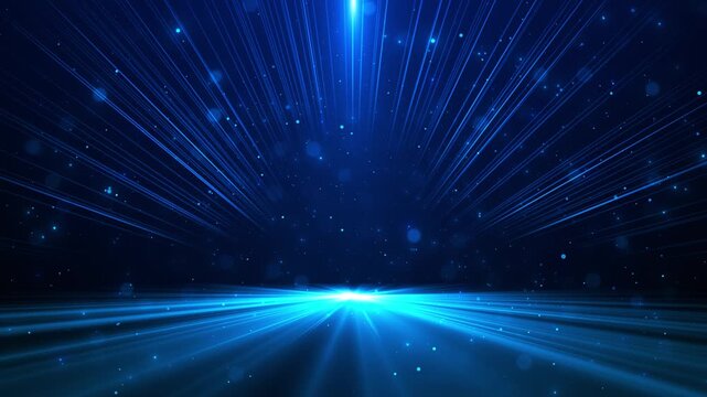 Blue light burst horizon background radiant beams, glowing particles, deep space haze cinematic energy. technology intros, stage reveals, sci fi visuals, event openers, digital promos, dramatic