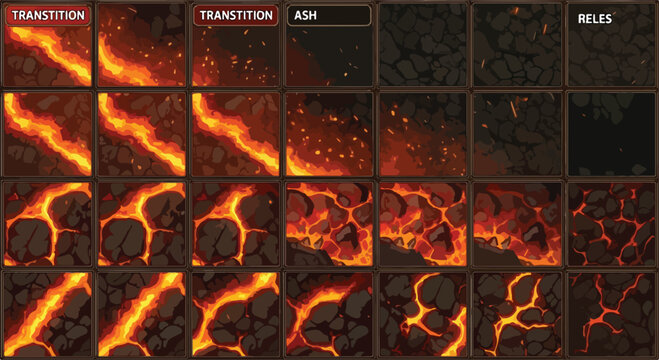 Lava game sprite sheet, volcanic transition animation frames, glowing magma and ash texture set for 2D game development, 28 vector assets