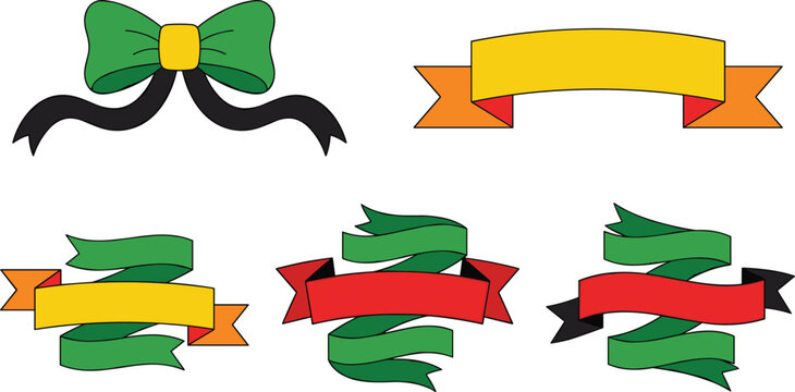 Colorful Ribbon and Bow Vector Set Featuring Green Red and Yellow Banners for Gifts Festive Celebrations Holidays and Graphic Design Templates