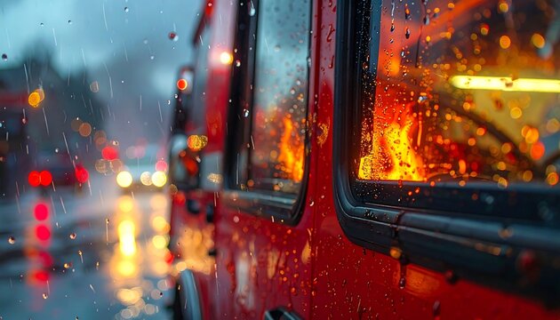 Close up view of a red fire engine side window covered in raindrops, reflecting intense orange fire and emergency lighting during a rescue operation.
