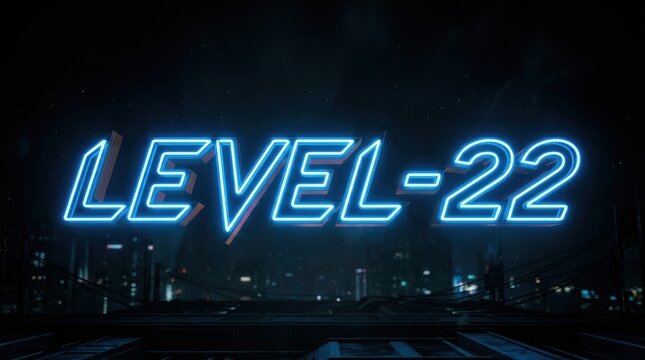 Glowing blue neon level 22 text in a cyberpunk gaming style with a futuristic city skyline background.