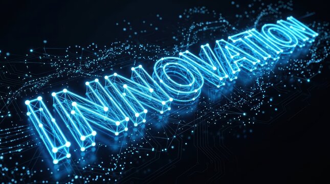 Futuristic 3d digital rendering of the word innovation with glowing blue network connections and particles on a dark background.