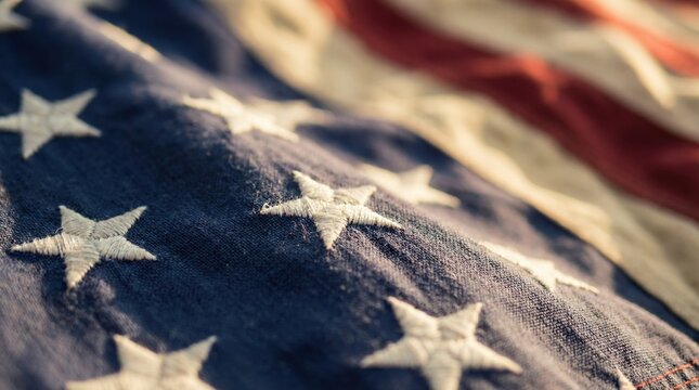 Close up of a vintage American flag with embroidered stars and fabric texture for patriotic holiday backgrounds.