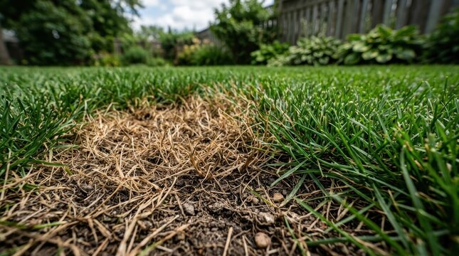 Close up of a dead brown patch of grass in a green residential lawn showing lawn care problems.