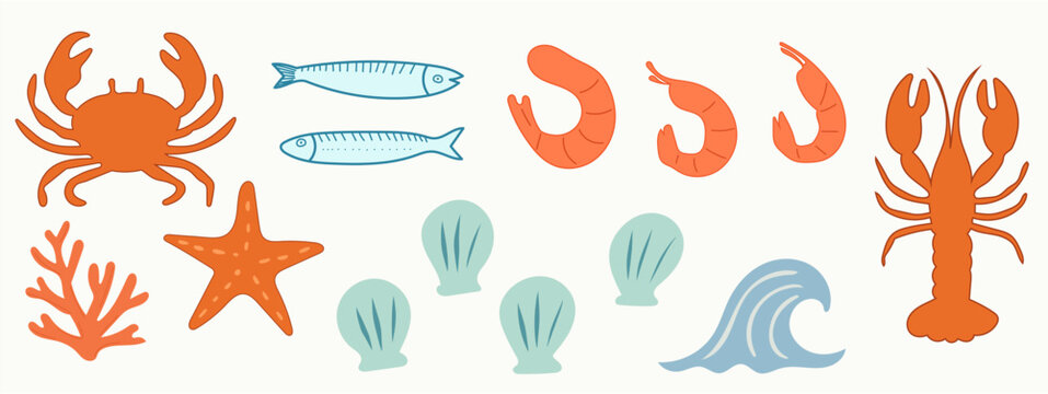 Funny Cartoon Sea Life Character Icon. Marine Beach Creature. Tropical Exotic Fish Animal Isolated. Summer Mediterranean Coastal Travel Decoration Symbol. Lobster, Crab, Shell, Sardine, Shrimp