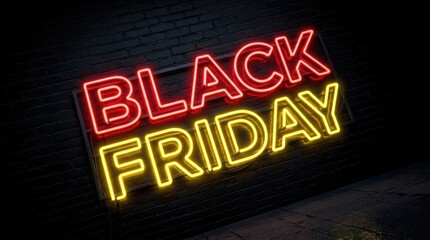 Fototapeta premium Black Friday neon sign glowing on a dark brick wall for seasonal retail sale and promotion.