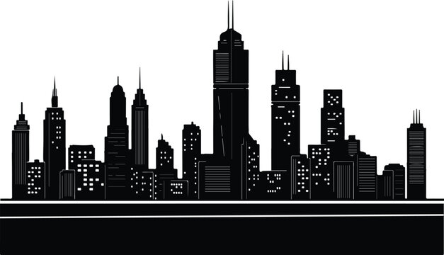 Black silhouette of a city skyline with tall buildings and skyscrapers