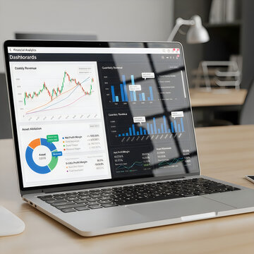Laptop showing business data charts and financial dashboard