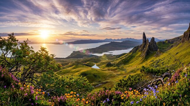 Sunrise over the Scottish Highlands with dramatic rock formations and wildflowers. Old Man of Storr - Skye
