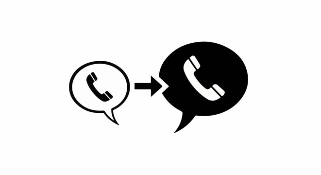 Two speech bubbles with phone icons, one small and white, the other large and black